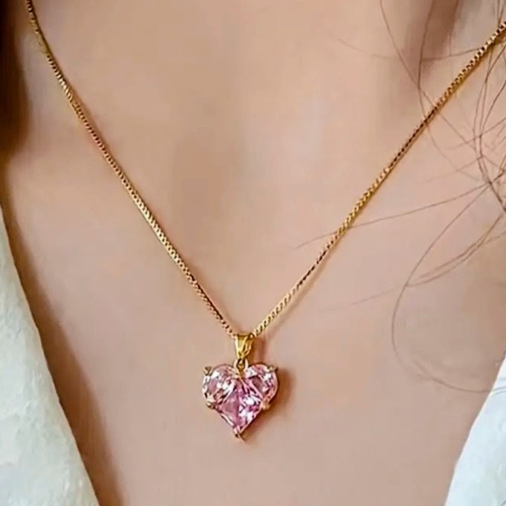 Sterling Silver (Gold Colored) Necklace & Pink Heart Pendant
